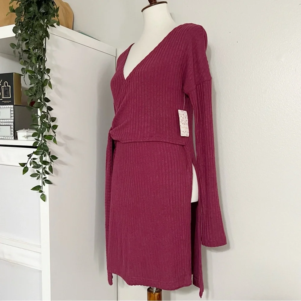 Free‎ People Burgundy Long Sleeve V Neck Tunic Top Wrap Tie